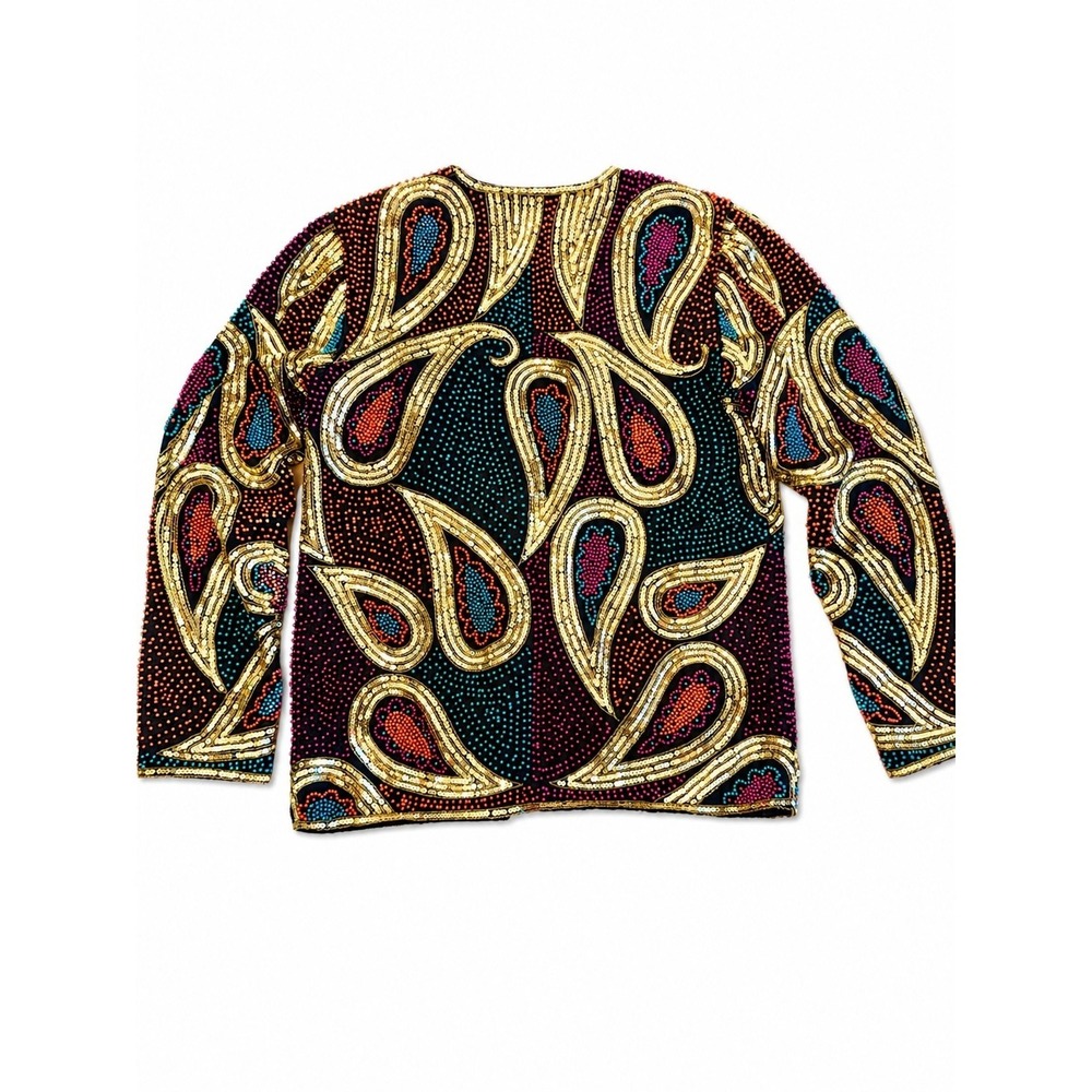 Virgos Lounge Beaded Sequin Paisley Open Front Evening Jacket Blazer Black M